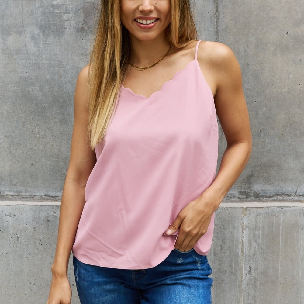 Sweet Lovely By Jen Scalloped Spaghetti Strap Cami in Rosewood